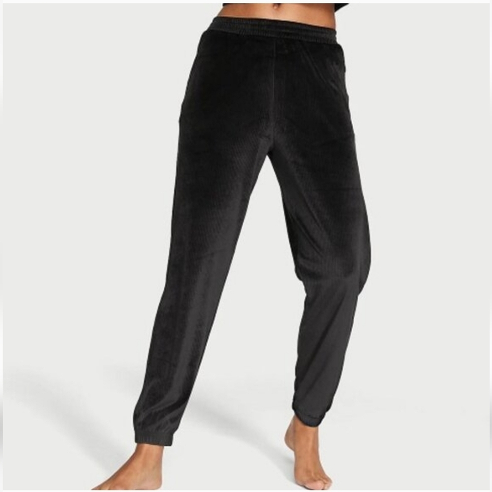 VICTORIA'S SECRET Black Velour Velvet Ribbed Jogger Pants Large L NEW!